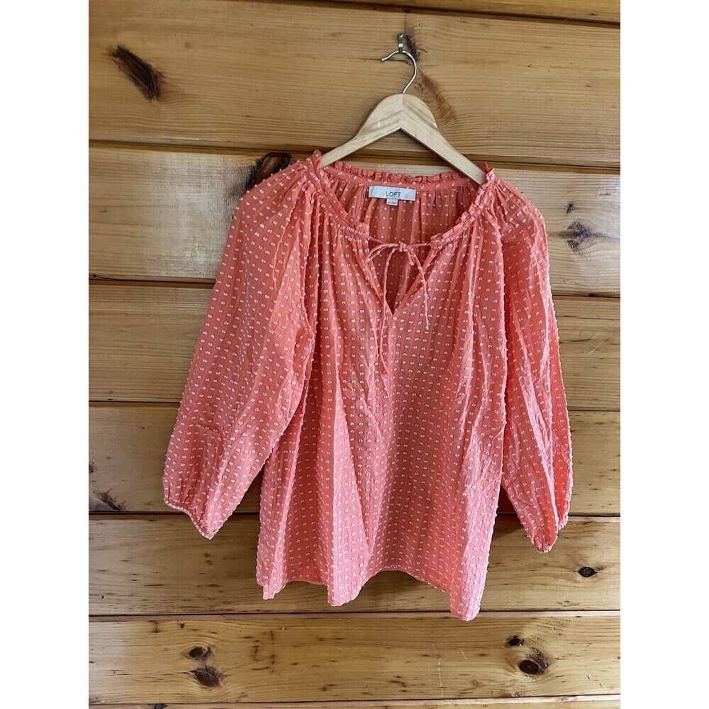 LOFT womens Coral Orange Shirt Boho 3/4 Sleeve Top Lightweight casual Blouse